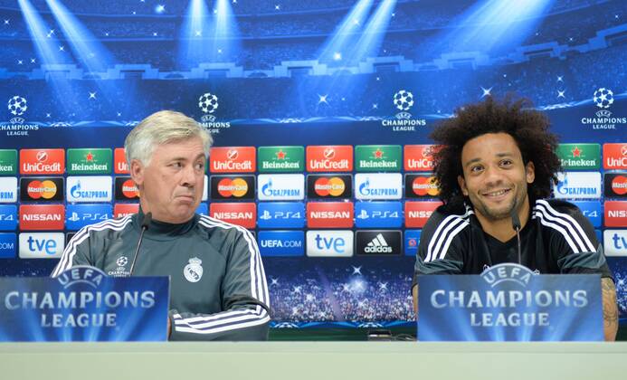 MADRID - 13 APR: Carlo Ancelotti, Marcelo, Pressekonferenz Real Madrid. 