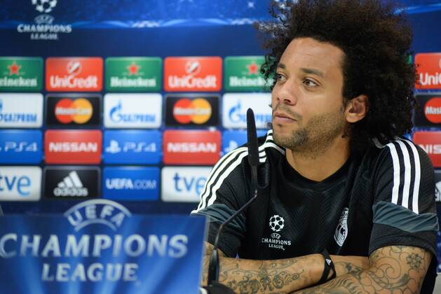ESPANA, MADRID - 13 APR: Ancelotti, Marcelo, rueda de prensa in Ciudad Deportiva Real Madrid (Valdebebas), for the next match Champions League 2014 15 Atletico de Madrid VS Real Madrid in Stadium Calderon (Madrid). 13th april of 2015 (Madrid). (Isa Saiz Cordon Press). 