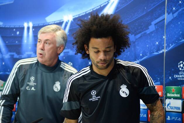 ESPANA, MADRID - 13 APR: Ancelotti, Marcelo, rueda de prensa in Ciudad Deportiva Real Madrid (Valdebebas), for the next match Champions League 2014 15 Atletico de Madrid VS Real Madrid in Stadium Calderon (Madrid). 13th april of 2015 (Madrid). (Isa Saiz Cordon Press). 