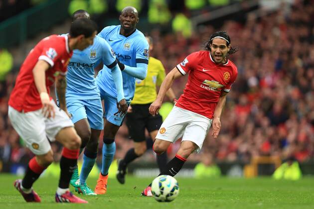 Radamel Falcao of Manchester United ManU plays the ball through - Manchester United vs. Manchester City - Barclay s Premier League - Old Trafford - Manchester - 12 04 2015 Pic Philip Oldham Sportimage EDITORIAL USE ONLY. No use with unauthorised audio, video, data, fixture lists, club league logos or live services. Online in-match use limited to 120 images, no video emulation. No use in betting, games or single club league player publications.