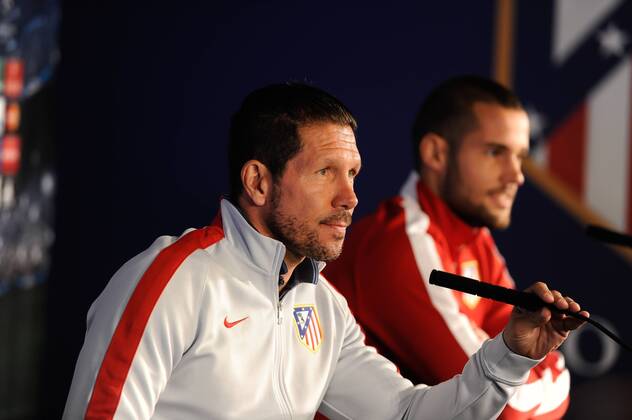 Madrid, Spain, April, 13, 2015: press conference PK Pressekonferenz of Atletico de Madrid coach Diego Simeone and Mario Suarez 