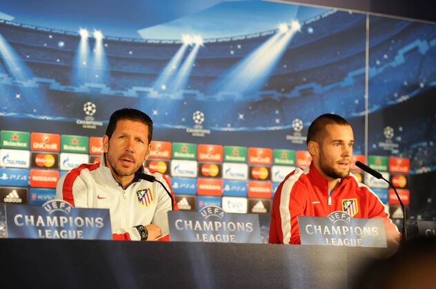 Madrid, Spain, April, 13, 2015: press conference PK Pressekonferenz of Atletico de Madrid coach Diego Simeone and Mario Suarez 