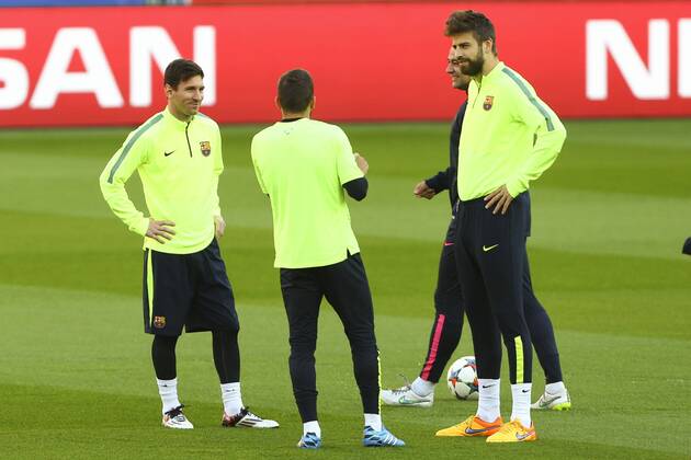Aktuell Fußball, Champions League, Training FC Barcelona Lionel Messi , Gerard Pique FOOTBALL - Training FC Barcelona (Barca), Champions League 14 04 2015 GwendolineLeGoff 