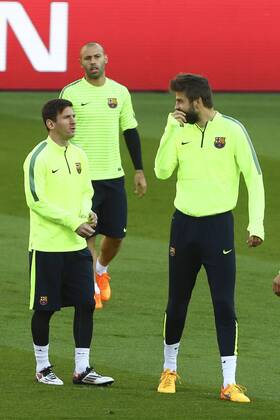 Aktuell Fußball, Champions League, Training FC Barcelona Lionel Messi , Gerard Pique FOOTBALL - Training FC Barcelona (Barca), Champions League 14 04 2015 GwendolineLeGoff 
