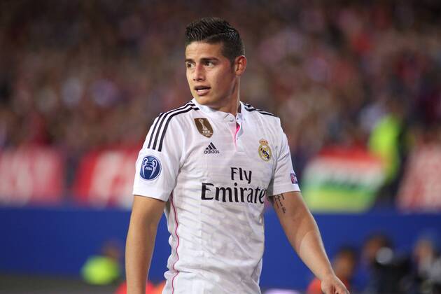 Madrid, Spain. 14th April 2015: James Rodriguez midfielder from Real Madrid CF, in action during the UEFA Champions League quarterfinals first leg against Atletico de Madrid at the Vicente Calderon stadium. (Photo: Ivan Abanades Medina). 