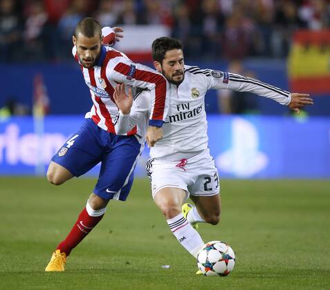 SUAREZ Mario Team Atletico Madrid mit ISCO UEFA Champions League Saison 2014-2015 Viertelfinale Atletico Madrid-Real Madrid am 14.April 2015 in Madrid 