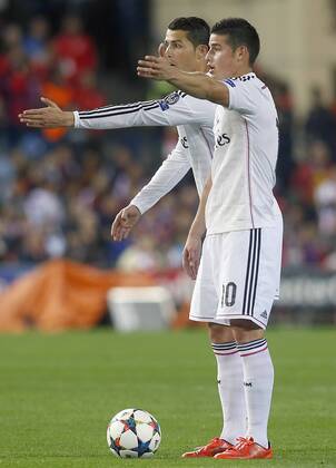Real Madrid s Cristiano Ronaldo and James Rodriguez during Champions League 2014 2015 Quarter-finals 1st leg match.April 14,2015.  (2015041420)