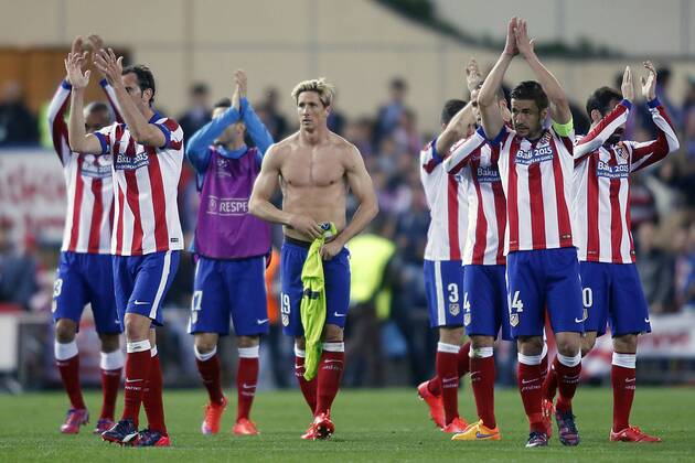 Atletico de Madrid s Joao Miranda, Diego Godin, Saul Niguez, Fernando Torres, Guilherme Siqueira, Mario Suarez, Gabi Fernandez and Arda Turan after Champions League 2014 2015 Quarter-finals 1st leg match.April 14,2015.  (0969)