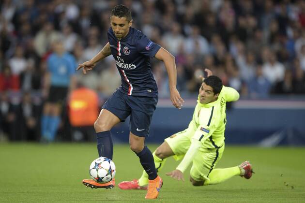 Marquinhos (PSG) vs Luis Alberto Suarez Diaz (Barca) FOOTBALL : PSG vs Barcelone - Ligue des Champions - 15 04 2015 JBAutissier Panoramic 