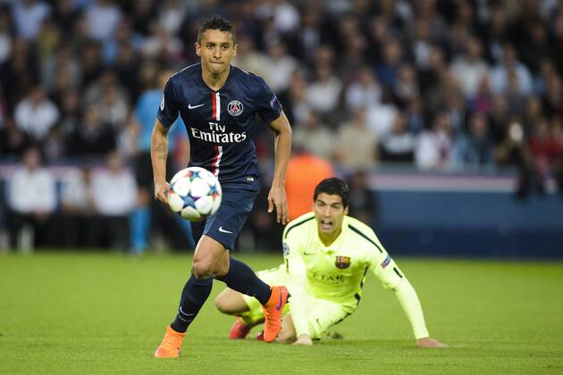 Marquinhos (PSG) vs Luis Alberto Suarez Diaz (Barca) FOOTBALL : PSG vs Barcelone - Ligue des Champions - 15 04 2015 JBAutissier Panoramic 