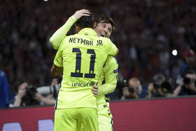Torjubel Neymar Jr. (Barca) Lionel Messi (Barca) FOOTBALL : PSG Paris St. Germain vs FC Barcelona (Barca) - Champions League - 15 04 2015 JBAutissierx 