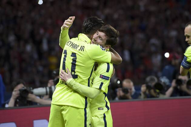 Torjubel Neymar Jr. (Barca) Lionel Messi (Barca) FOOTBALL : PSG Paris St. Germain vs FC Barcelona (Barca) - Champions League - 15 04 2015 JBAutissierx 