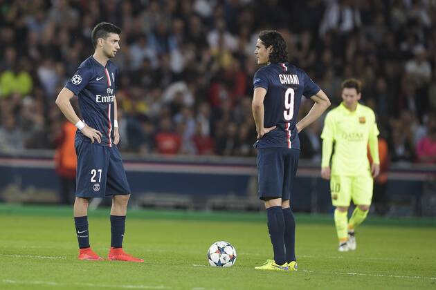 Jubel Torjubel Luis Suarez (Barca) Enttäuschung de Javier Pastore und Edinson Cavani (PSG) FOOTBALL : PSG Paris St. Germain vs FC Barcelona (Barca) - Champions League - 15 04 2015 JBAutissierx 