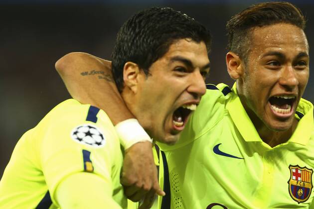 Jubel Luis Suarez (FC Barcelone) und Neymar Jr. (Barca) FOOTBALL : PSG Paris St. Germain vs FC Barcelona (Barca) - Champions League - 15 04 2015 GwendolineLeGoffx 