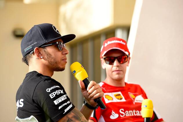 Lewis Hamilton; Mercedes Grand Prix, Sebastian Vettel, Scuderia Ferrari, formula 1 GP, Bahrain in Manama Shakir 17.04.2015 Photo:mspb Jerry Andre Lewis Hamilton; Sebastian Vettel, formula 1 GP, Bahrain