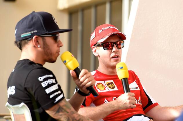 Lewis Hamilton; Mercedes Grand Prix, Sebastian Vettel, Scuderia Ferrari, formula 1 GP, Bahrain in Manama Shakir 17.04.2015 Photo:mspb Jerry Andre Lewis Hamilton; Sebastian Vettel, formula 1 GP, Bahrain
