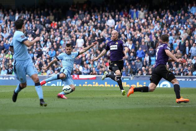 Sergio Aguero of Manchester City scores his sides second goal - Manchester City vs. West Ham United - Barclay s Premier League - Etihad Stadium - Manchester - 19 04 2015 Pic Philip Oldham Sportimage EDITORIAL USE ONLY. No use with unauthorised audio, video, data, fixture lists, club league logos or live services. Online in-match use limited to 120 images, no video emulation. No use in betting, games or single club league player publications.