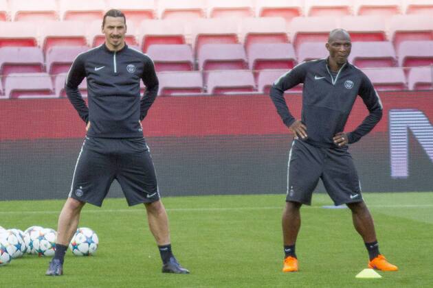 Barcelona, Catalonia Spain. April 20. PSG s Zlatan Ibrahimovic, during the PSG training session prior the UEFA Champions League match betwen FC Barcelona Barca and Paris Saint Germain 