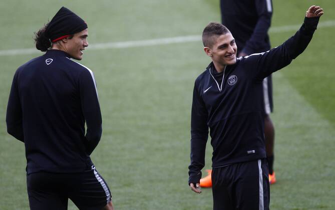 PSG training session at Camp Nou before second leg match of Champions League against Barcelona. In this picture, Edinson Cavani and Marco Verrati. xFRANCESCxADELANTADOx 