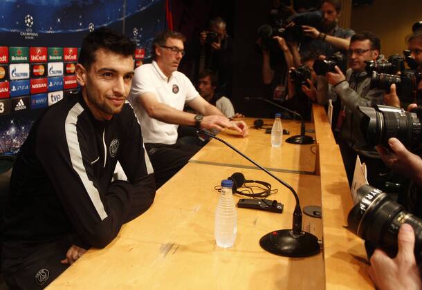 Laurent Blanc and Javier Pastore at press conference PK Pressekonferenz before the Champions League second leg match between PSG and Barcelona. xFRANCESCxADELANTADOx 
