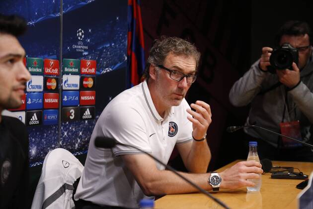April 20, 2015 - Barcelona, Spain - BARCELONA, SPAIN - APRIL 20: Laurent Blanc during the press conference PK Pressekonferenz ahead of their UEFA Champions League Quarter finals second leg match against FC Barcelona Barca at the Camp Nou stadium on April 20, 2015 in Barcelona, Spain. (Photo by Joan Valls Urbanandsport NurPhoto) UEFA Champions League Quarter, Barcelona-PSG  - ZUMAn230