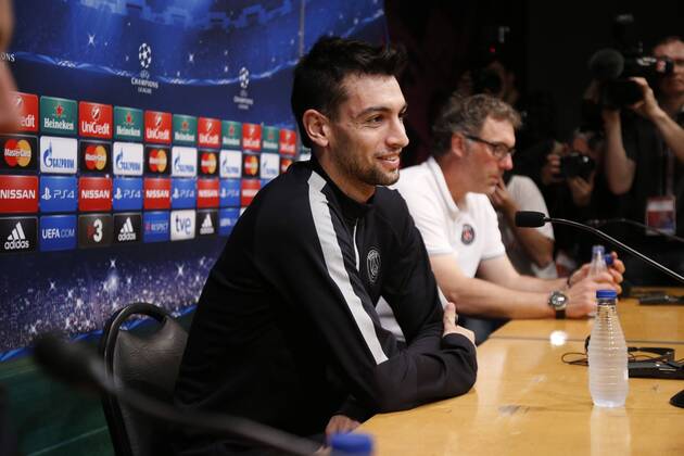 April 20, 2015 - Barcelona, Spain - BARCELONA, SPAIN - APRIL 20: Javier Pastore during the press conference PK Pressekonferenz ahead of their UEFA Champions League Quarter finals second leg match against FC Barcelona Barca at the Camp Nou stadium on April 20, 2015 in Barcelona, Spain. (Photo by Joan Valls Urbanandsport NurPhoto) UEFA Champions League Quarter, Barcelona-PSG  - ZUMAn230