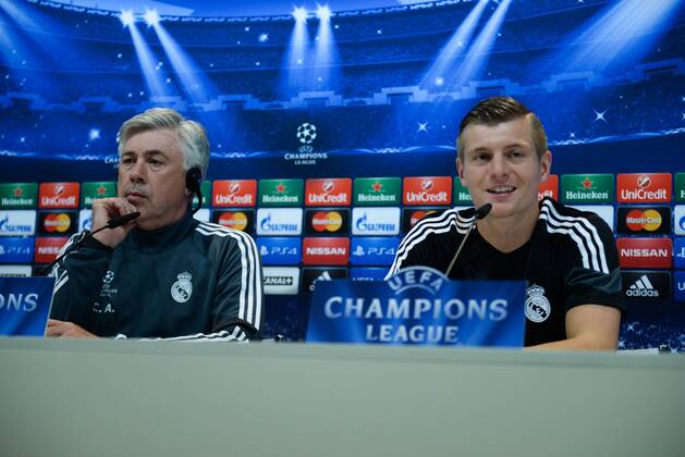 Aktuell Fußball, Champions League, Pressekonferenz Real Madrid ESPANA, MADRID 21 APR: Carlo Ancelotti, Toni Kroos, rueda de prensa in Ciudad Deportiva Real Madrid (Valdebebas), for the next match Champions League 2014 15 Real Madrid VS Atletico de Madrid in stadium Santiago Bernabeu (Madrid). 21th april of 2015 (Madrid). (Isa Saiz Cordon Press). 