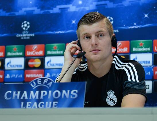 Aktuell Fußball, Champions League, Pressekonferenz Real Madrid ESPANA, MADRID 21 APR: CarloxAncelotti, Toni Kroos, rueda de prensa in Ciudad Deportiva Real Madrid (Valdebebas), for the next match Champions League 2014 15 Real Madrid VS Atletico de Madrid in stadium Santiago Bernabeu (Madrid). 21th april of 2015 (Madrid). (Isa Saiz Cordon Press). 