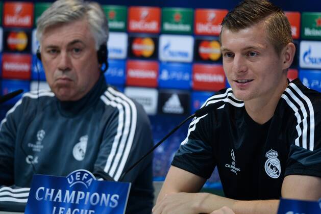 Aktuell Fußball, Champions League, Pressekonferenz Real Madrid ESPANA, MADRID 21 APR: Carlo Ancelotti, Toni Kroos, rueda de prensa in Ciudad Deportiva Real Madrid (Valdebebas), for the next match Champions League 2014 15 Real Madrid VS Atletico de Madrid in stadium Santiago Bernabeu (Madrid). 21th april of 2015 (Madrid). (Isa Saiz Cordon Press). 