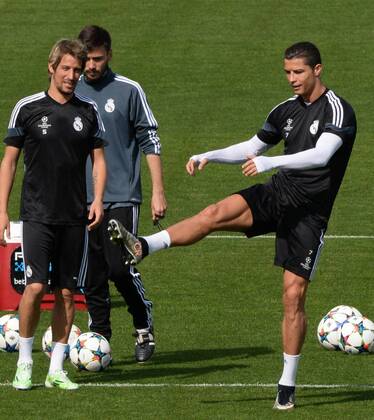 ESPANA, MADRID 21 APR: Cristiano Ronaldo, Fabio Coentrao training in Ciudad Deportiva Real Madrid (Valdebebas), for the next match Champions League 2014 15 Real Madrid VS Atletico de Madrid in stadium Santiago Bernabeu (Madrid). 21th april of 2015 (Madrid). (Isa Saiz Cordon Press). 