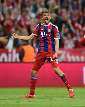 FUSSBALL CHAMPIONS LEAGUE SAISON 2014 2015 VIERTELFINALE RUECKSPIEL FC Bayern Muenchen - FC Porto 21.03.2015 Torjubel: Thomas Mueller (FC Bayern Muenchen) 