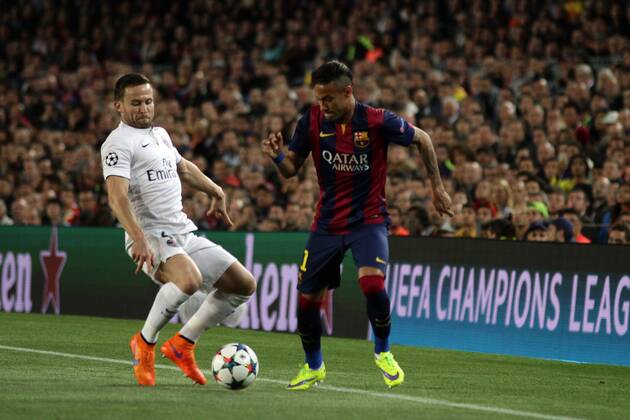 Aktuell FuÃŸball, Champions League, FC Barcelonas DoppeltorschÃ¼tze Neymar 21.04.2015. Nou Camp, Barcelona, Spain. UEFA Champions League quarter-final, second leg. Barcelona versus Paris St Germain. Neymar in action during the match xAngelxBoludax  ActionPlus11614844