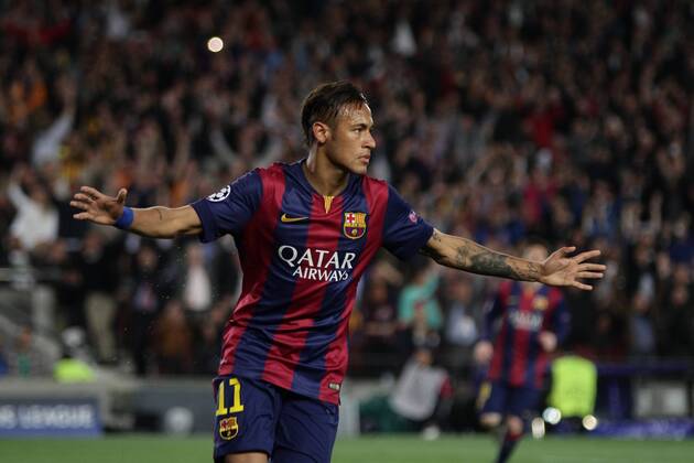 Aktuell FuÃŸball, Champions League, FC Barcelonas DoppeltorschÃ¼tze Neymar 21.04.2015. Nou Camp, Barcelona, Spain. UEFA Champions League quarter-final, second leg. Barcelona versus Paris St Germain. Neymar celebrates his first goal xAngelxBoludax  ActionPlus11614850