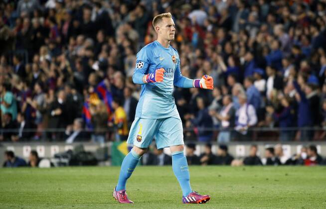 Barcelona, Catalonia, Spain - BARCELONA, SPAIN - APRIL 21: Marc Andre Ter STEGEN celebration during the match of UEFA Champions League Quarter finals second leg between FC Barcelona Barca and Paris Saint-Germain at the Camp Nou stadium on April 21, 2015 in Barcelona, Spain. (Photo by Joan Valls Urbanandsport Nurphoto) FC Barcelona and Paris Saint-Germain  - ZUMAn230