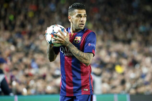 Barcelona, Catalonia, Spain - BARCELONA, SPAIN - APRIL 21: Dani Alves during the match of UEFA Champions League Quarter finals second leg between FC Barcelona Barca and Paris Saint-Germain at the Camp Nou stadium on April 21, 2015 in Barcelona, Spain. (Photo by Joan Valls Urbanandsport Nurphoto) FC Barcelona and Paris Saint-Germain  - ZUMAn230
