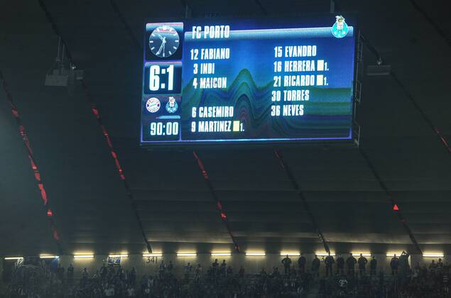 Feature - Anzeigentafel mit dem Spielendstand von 6-1. Fussball international UEFA Championsleague, Saison 2014 2015, Viertelfinale Rueckspiel: FC Bayern Muenchen - FC Porto in Muenchen, Deutschland am 21.04.2015,