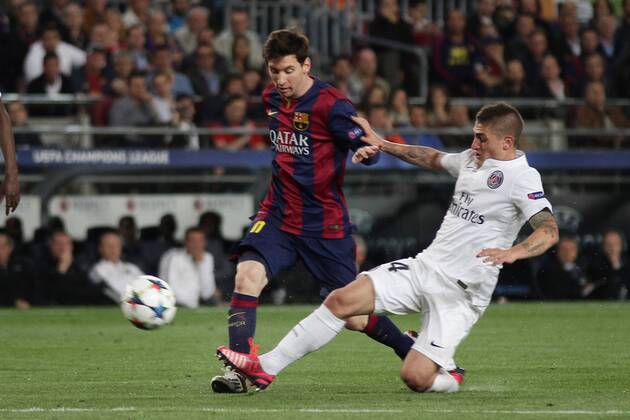 21.04.2015. Nou Camp, Barcelona, Spain. UEFA Champions League quarter-final, second leg. Barcelona versus Paris St Germain. Messi in action, challenged by Verratti xAngelxBoludax  ActionPlus11614873