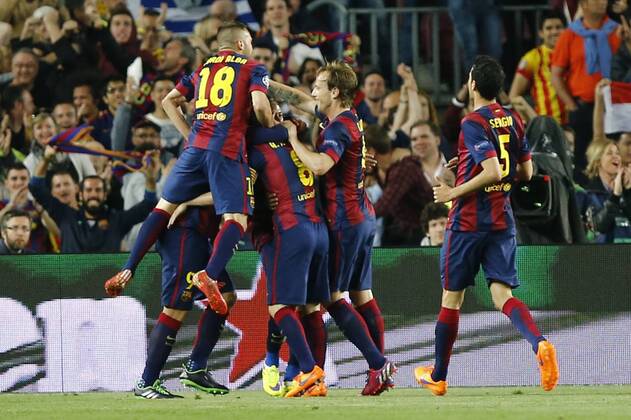 BARCELONA, April 21, 2015 -- Barcelona s players celebrate a goal against Paris Saint-Germain during their UEFA Champions League quarter-finals second leg match in Barcelona, Spain, April 21, 2015. Barcelona won 2:0 and entered the semi-finals with 5:1 on aggregate.) (SP)SPAIN-BARCELONA-FOOTBALL PauxBarrena 