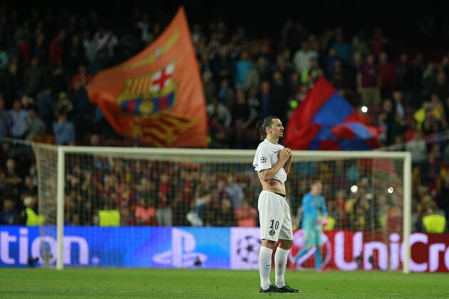 BARCELONA, April 21, 2015 -- Saint-Germain s Zlatan Ibrahimovic reacts during their UEFA Champions League quarter-finals second leg match against Barcelona in Barcelona, Spain, April 21, 2015. Barcelona won 2:0 and entered the semi-finals with 5:1 on aggregate.) (SP)SPAIN-BARCELONA-FOOTBALL PauxBarrena 