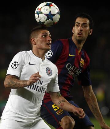 Champions League 2014 2015 FC Barcelona (Barca) - Paris St. Germain (PSG) In this picture, Marco Verratti and Sergio Busquets. xFRANCESCxADELANTADOx 