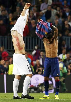 Barcelona, Catalonia, Spain - BARCELONA, SPAIN - APRIL 21: Neymar Jr. and Zlatan Ibrahimovic during the match of UEFA Champions League Quarter finals second leg between FC Barcelona Barca and Paris Saint-Germain at the Camp Nou stadium on April 21, 2015 in Barcelona, Spain. (Photo by Joan Valls Urbanandsport Nurphoto) FC Barcelona and Paris Saint-Germain  - ZUMAn230