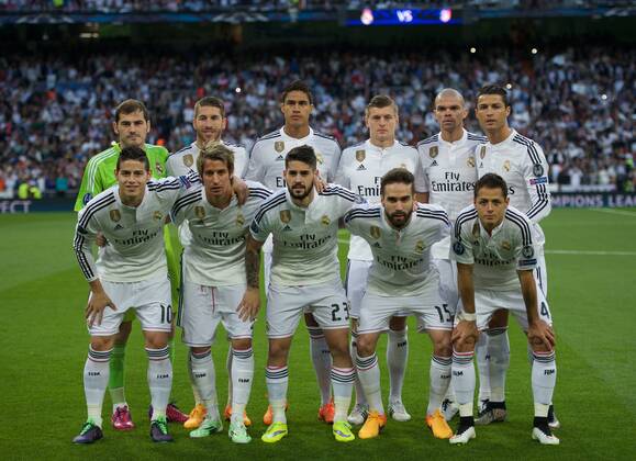 Real Madrid Goalkeeper, Iker Casillas Fernandez, number 1 . Real Madrid Defender, Raphael Varane, number 2. Real Madrid Defender, Kepler Laveran Lima Ferreira, number 3. Real Madrid Defender, Sergio Ramos Garcia, number 4. Real Madrid Defender, Fabio A. Silva Coentrao, number 5. Real Madrid Forward, Cristiano Ronaldo dos Santos, number 7. Real Madrid Midfielder, Toni Kroos, number 8. Real Madrid Midfielder, James Rodriguez, number 10. Real Madrid Forward, Javier Hernandez, number 14. Real Madrid Defender, Daniel Carvajal Ramos, number 15. Real Madrid Midfielder, Francisco Roman Alarcon, number 23. Round 1 4 of the CHAMPIONS league, soccer match at the Santiago Bernabeu estadium, Madrid - Spain by April 22, 2015.