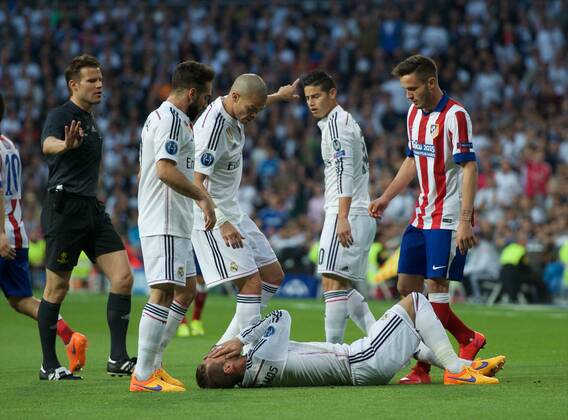 Real Madrid Defender, Daniel Carvajal Ramos, number 15 . Real Madrid Defender, Sergio Ramos Garcia, number 4. Real Madrid Midfielder, James Rodriguez, number 10. Atletico de Madrid Defender, Jesus Gamez Duarte, number 18. Round 1 4 of the CHAMPIONS league, soccer match between Real Madrid - Atletico de Madrid at the Santiago Bernabeu estadium, Madrid - Spain by April 22, 2015.