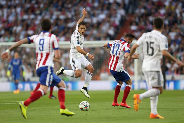Javier Hernandez of Real Madrid in action - Real Madrid vs. Atletico Madrid - UEFA Champions League - Quarter Final Second Leg - Santiago Bernabeu - Madrid - 22 04 2015 EDITORIAL USE ONLY. No use with unauthorised audio, video, data, fixture lists, club league logos or live services. Online in-match use limited to 120 images, no video emulation. No use in betting, games or single club league player publications.
