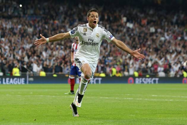 Javier Hernandez of Real Madrid celebrates his opening goal - Real Madrid vs. Atletico Madrid - UEFA Champions League - Quarter Final Second Leg - Santiago Bernabeu - Madrid - 22 04 2015 Pic Philip Oldham Sportimage EDITORIAL USE ONLY. No use with unauthorised audio, video, data, fixture lists, club league logos or live services. Online in-match use limited to 120 images, no video emulation. No use in betting, games or single club league player publications.