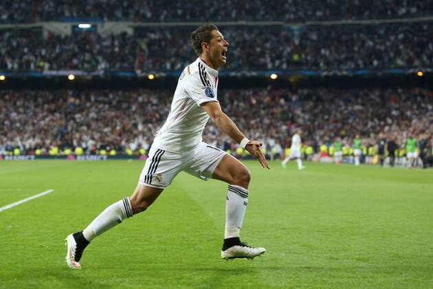 Javier Hernandez of Real Madrid celebrates his opening goal - Real Madrid vs. Atletico Madrid - UEFA Champions League - Quarter Final Second Leg - Santiago Bernabeu - Madrid - 22 04 2015 Pic Philip Oldham Sportimage EDITORIAL USE ONLY. No use with unauthorised audio, video, data, fixture lists, club league logos or live services. Online in-match use limited to 120 images, no video emulation. No use in betting, games or single club league player publications.
