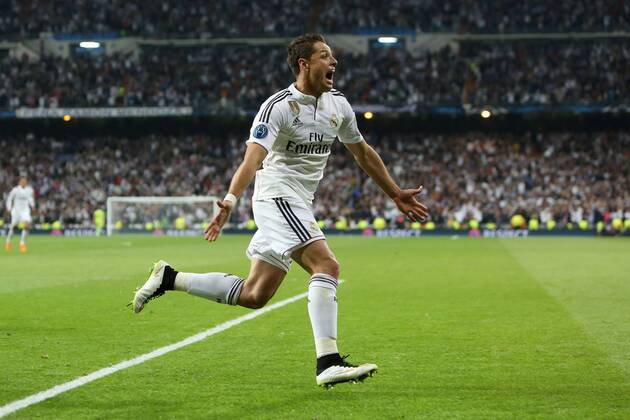 Javier Hernandez of Real Madrid celebrates his opening goal - Real Madrid vs. Atletico Madrid - UEFA Champions League - Quarter Final Second Leg - Santiago Bernabeu - Madrid - 22 04 2015 Pic Philip Oldham Sportimage EDITORIAL USE ONLY. No use with unauthorised audio, video, data, fixture lists, club league logos or live services. Online in-match use limited to 120 images, no video emulation. No use in betting, games or single club league player publications.
