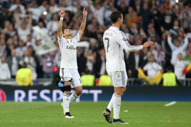 Javier Hernandez of Real Madrid celebrates at full time with an ice pack on his leg - Real Madrid vs. Atletico Madrid - UEFA Champions League - Quarter Final Second Leg - Santiago Bernabeu - Madrid - 22 04 2015 Pic Philip Oldham Sportimage EDITORIAL USE ONLY. No use with unauthorised audio, video, data, fixture lists, club league logos or live services. Online in-match use limited to 120 images, no video emulation. No use in betting, games or single club league player publications.