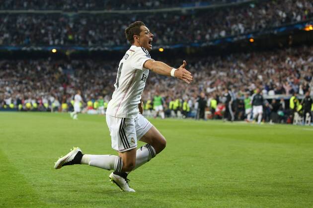 Javier Hernandez of Real Madrid celebrates his opening goal - Real Madrid vs. Atletico Madrid - UEFA Champions League - Quarter Final Second Leg - Santiago Bernabeu - Madrid - 22 04 2015 Pic Philip Oldham Sportimage EDITORIAL USE ONLY. No use with unauthorised audio, video, data, fixture lists, club league logos or live services. Online in-match use limited to 120 images, no video emulation. No use in betting, games or single club league player publications.