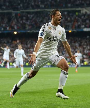 Javier Hernandez of Real Madrid celebrates his opening goal - Real Madrid vs. Atletico Madrid - UEFA Champions League - Quarter Final Second Leg - Santiago Bernabeu - Madrid - 22 04 2015 Pic Philip Oldham Sportimage EDITORIAL USE ONLY. No use with unauthorised audio, video, data, fixture lists, club league logos or live services. Online in-match use limited to 120 images, no video emulation. No use in betting, games or single club league player publications.